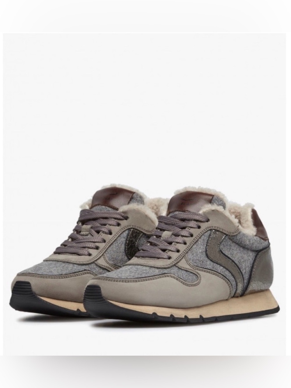 NWT VOILE BLANCHE JULIA Fur Leather and Fabric Sneakers in Grey